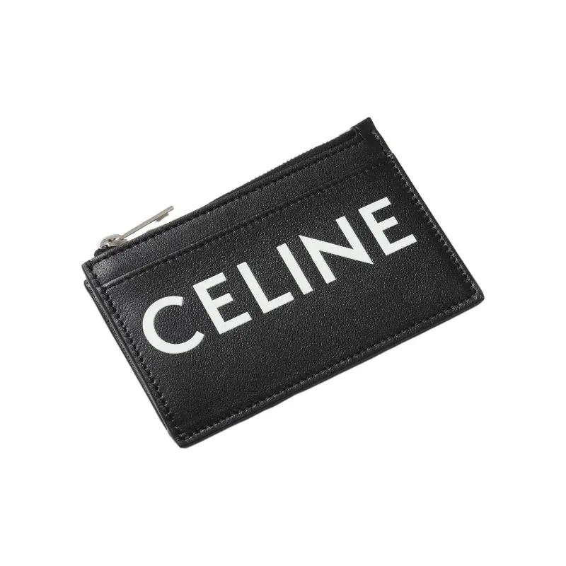 CELINE Leather Coin Purse, Card Holder Unisex Black-2