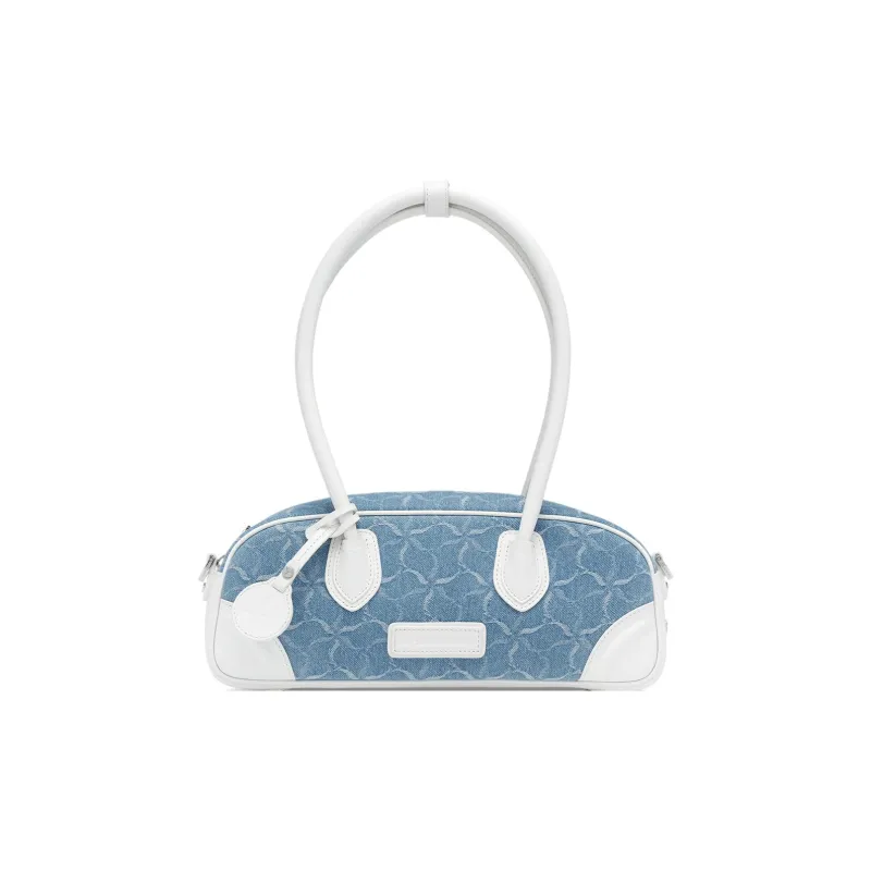 LI NING 1990 Cotton With Cow Leather Handbag, Shoulder Bag, Crossbody Bag Regular Women's White Blue-1