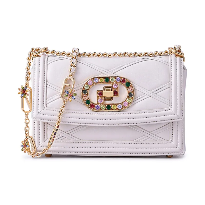 FION Cow Leather Small Square Bag, Chain Bag, Shoulder Bag, Crossbody Bag Trumpets Women's Black/White-8