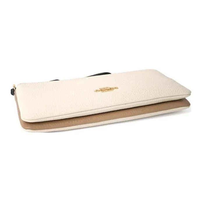 COACH Double Zip Wallet Pebbled Leather Wrist Handheld Wallet Small Size Women's Milk Tea Beige With White Accents-2