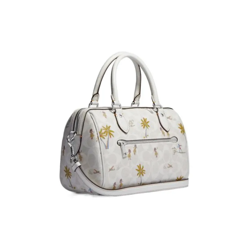 COACH Rowan Classic Jacquard Leather Boston Bag One Shoulder Handbags Medium Size Women's White-1