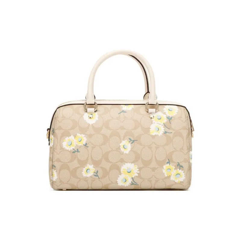 COACH Rowan Leather Boston Bag, Handbag, Shoulder Bag, Crossbody Bag Tubas Women's Khaki Monogram-1