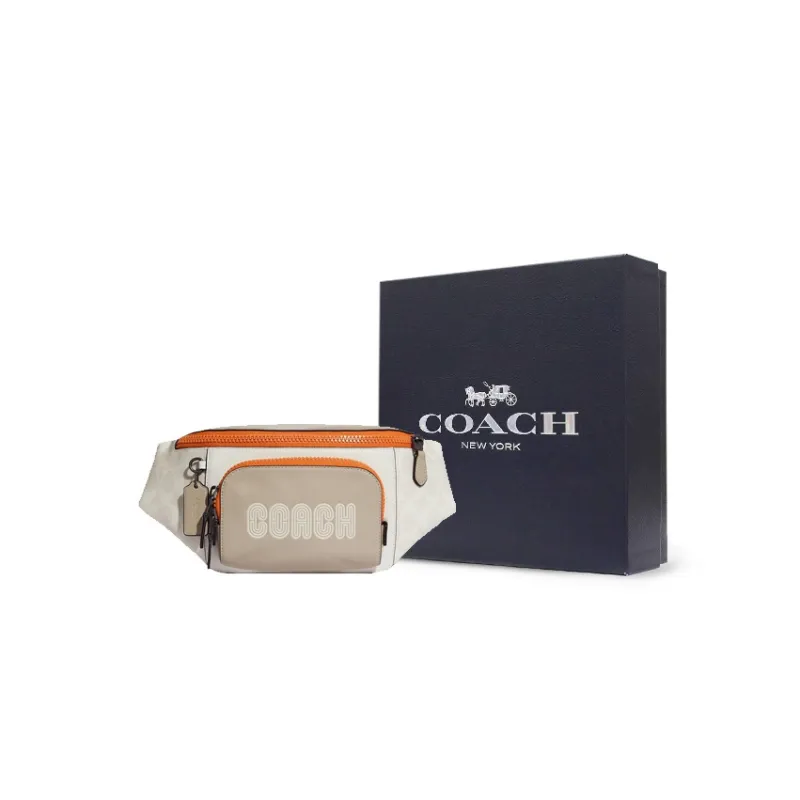COACH Track Canvas With Calfskin Fanny Pack Large Size Men's White & Orange & Milk Tea Brown-7
