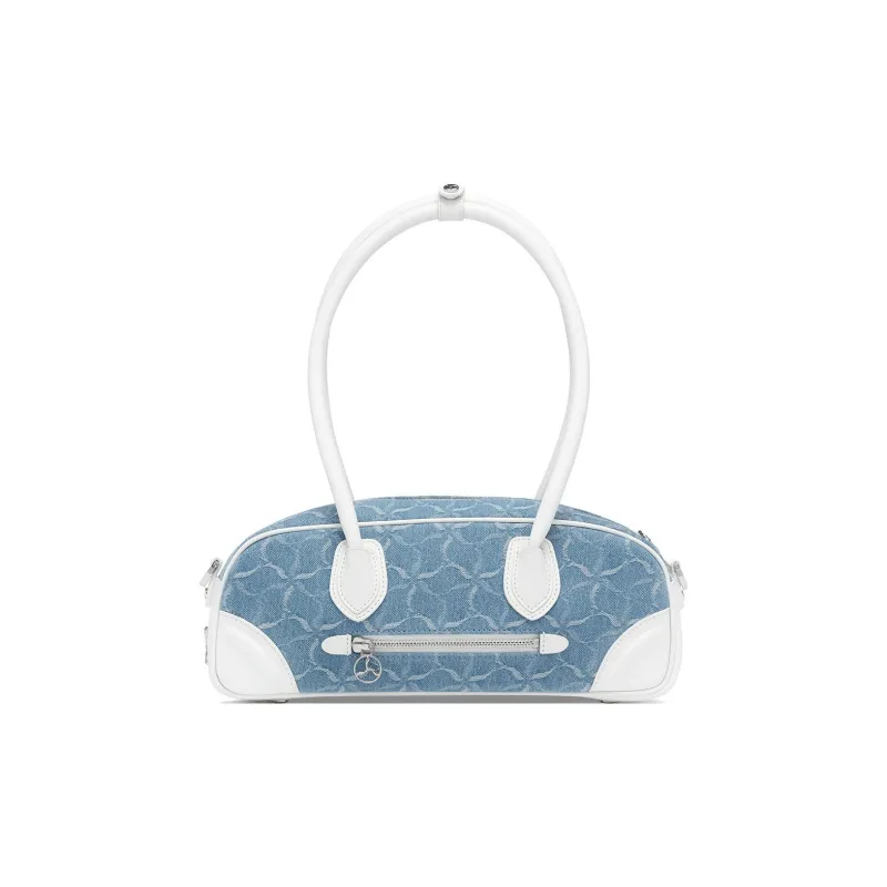 LI NING 1990 Cotton With Cow Leather Handbag, Shoulder Bag, Crossbody Bag Regular Women's White Blue-3