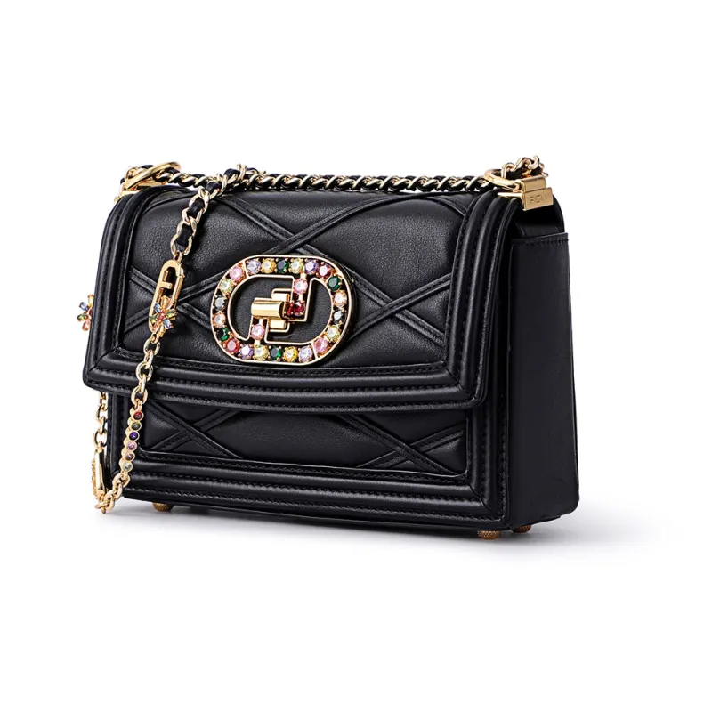 FION Cow Leather Small Square Bag, Chain Bag, Shoulder Bag, Crossbody Bag Trumpets Women's Black/White-1