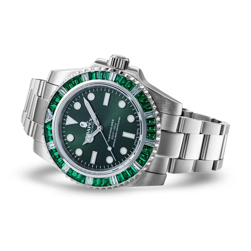 Bape Type 1 Bapex Crystal Stone Watch Silver/Green-1