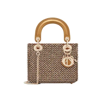 DIOR Lady Dior Faux Crystal Embroidery Shoulder Bag Crossbody Bag Handbag Mini Women's Gold