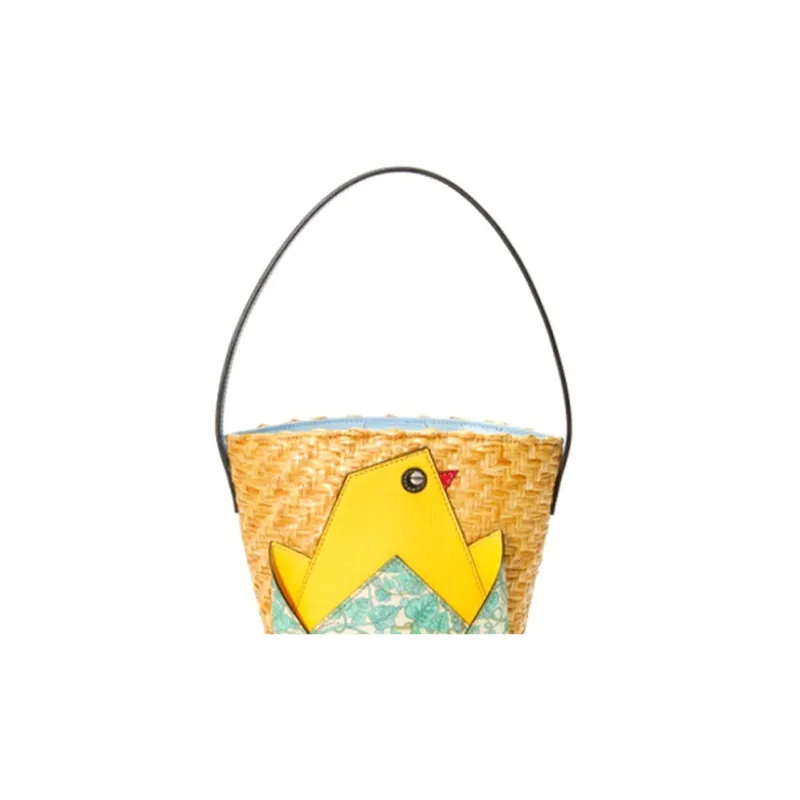 GUCCI Straw Woven Material With Leather Bucket Bag Handbag Kids' Bag Kids' Yellow/Multicolor-7