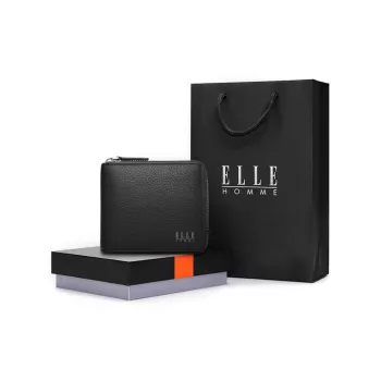 ELLE HOMME Litchi Grain Top Grain Cow Leather Wallets Coin Purses Regular Unisex Black