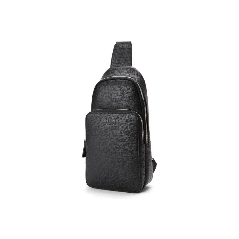 ELLE HOMME Top Grain Cow Leather One Shoulder Crossbody Sling Bags Regular Unisex Black-2