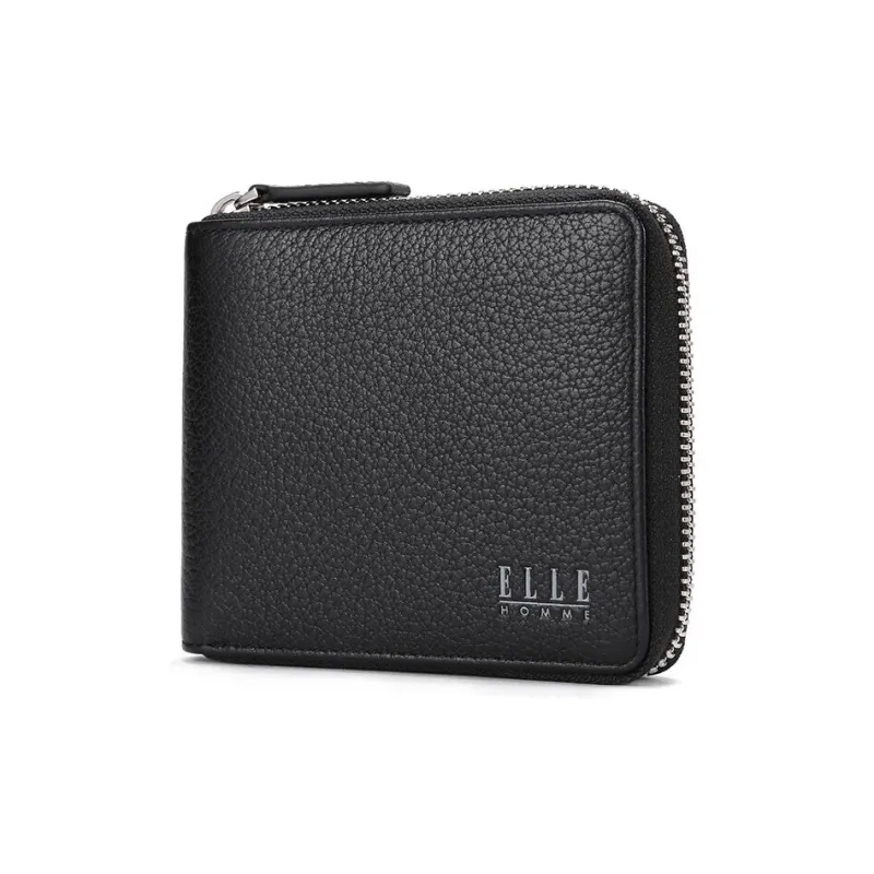 ELLE HOMME Litchi Grain Top Grain Cow Leather Wallets Coin Purses Regular Unisex Black-1