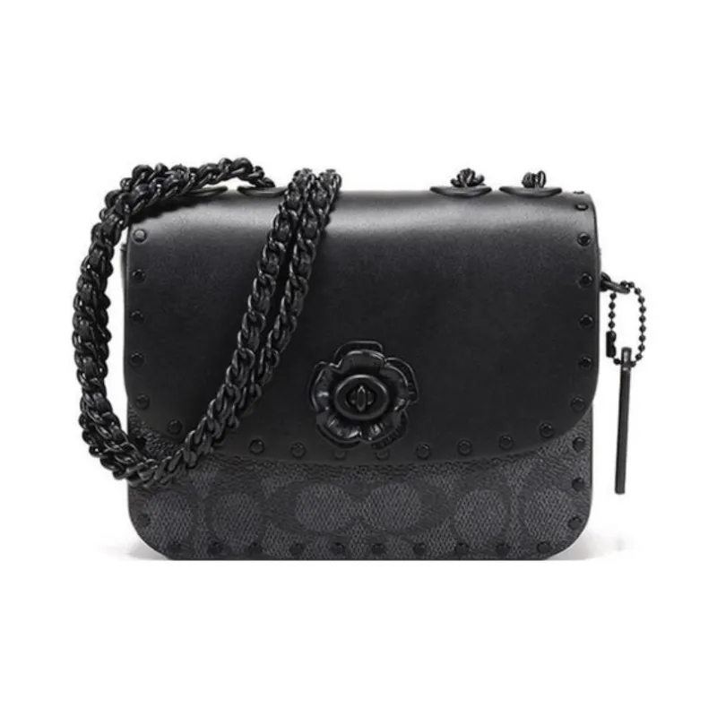 COACH Calfskin Leather Small Square Bag, Crossbody Bag, Shoulder Bag Women's Black Monogram-1