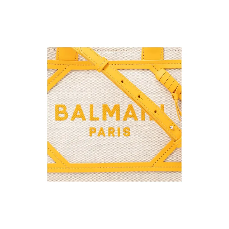 BALMAIN Leather With Fabric Tote Bag Shopping Bag Shoulder Bag Crossbody Bag Handbag Mini Women's White/Yellow-5
