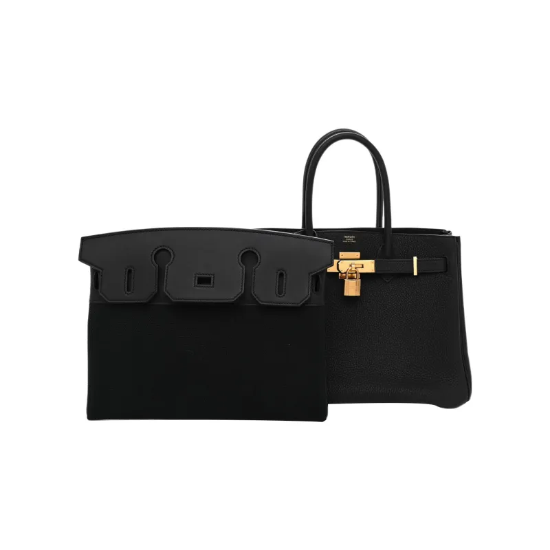 HERMES Birkin Togo Calfskin With Canvas And Swift Leather One Shoulder Handbags Unisex Black-3