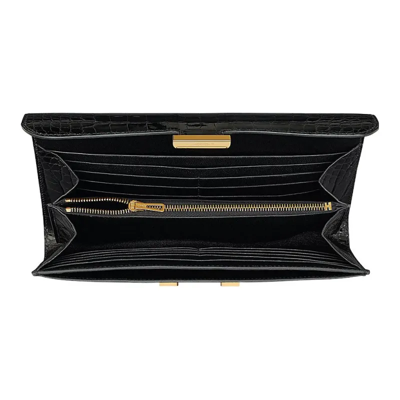 HERMES Crocodile Leather Wallet Women's 89 Noir Black-2