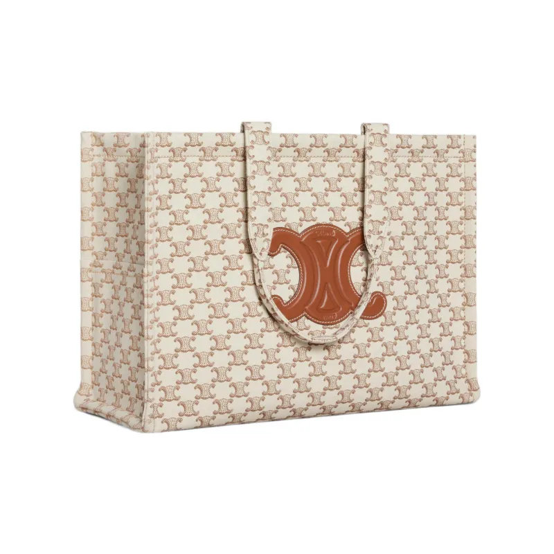 CELINE Triomphe Canvas With Calfskin Canvas Bag Handbags Large Size Women's White/Brown-2
