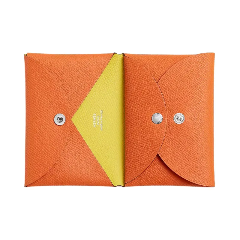 HERMES Calvi Duo Epsom Calfskin Card Holder Mini Women's Orange/Lime-1