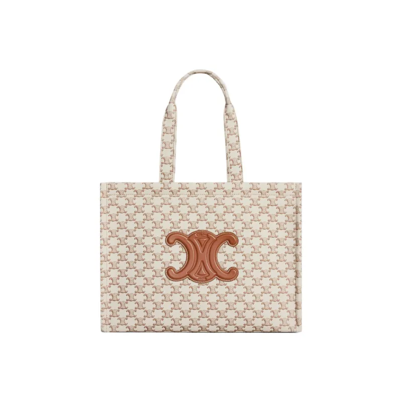 CELINE Triomphe Canvas With Calfskin Canvas Bag Handbags Large Size Women's White/Brown-1