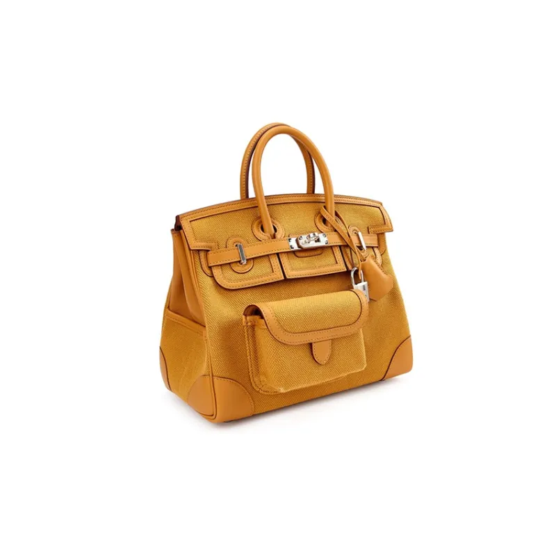 HERMES Birkin Canvas With Swif Cow Leather Birkin Bag Handbags Unisex Sand Yellow/Sesame Color-1