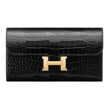 HERMES Constance Long Wallet Crocodile Leather Wallet Women's 89 Noir Black