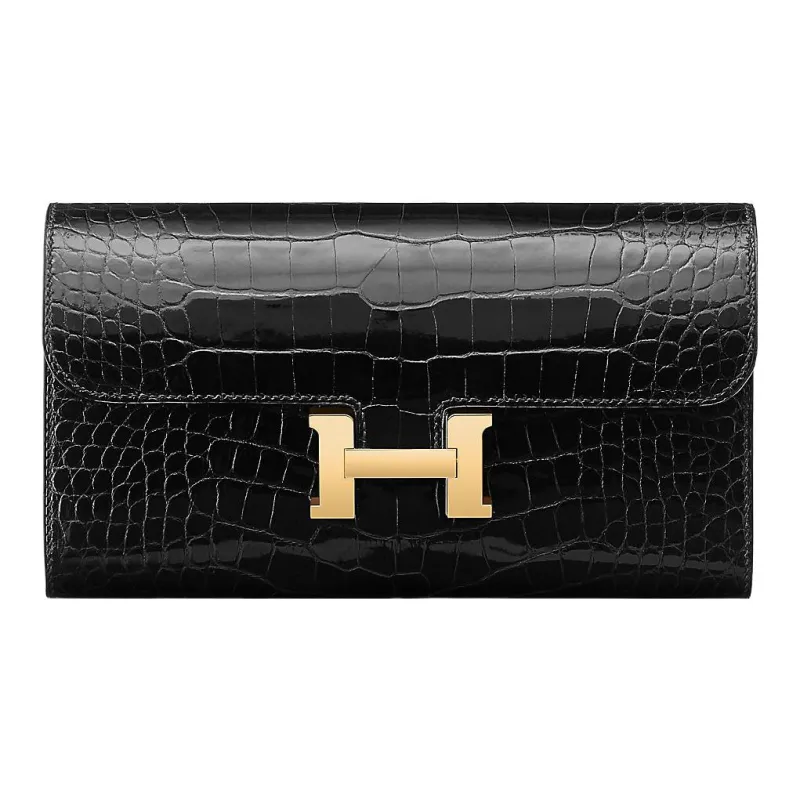 HERMES Crocodile Leather Wallet Women's 89 Noir Black-0