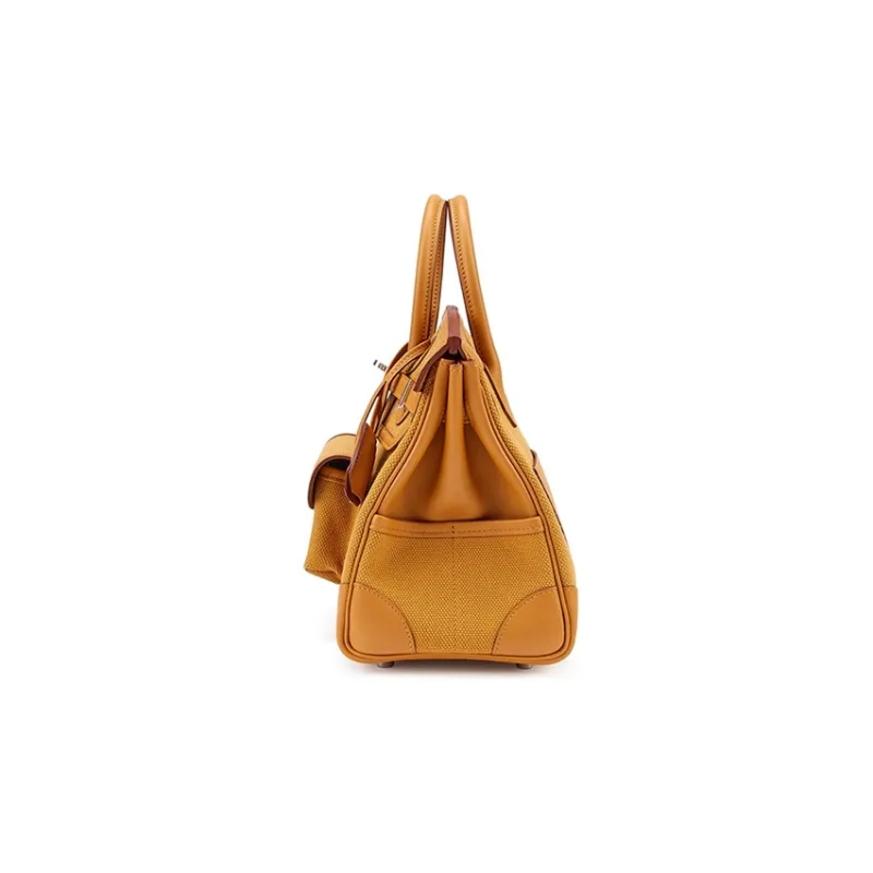 HERMES Birkin Canvas With Swif Cow Leather Birkin Bag Handbags Unisex Sand Yellow/Sesame Color-3