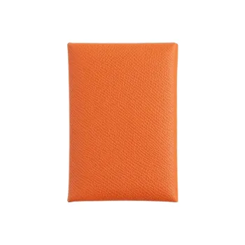 HERMES Calvi Duo Epsom Calfskin Card Holder Mini Women's Orange/Lime