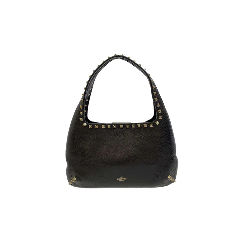 Valentino Rockstud Grained Calfskin Hobo Bag Dumpling Bag Shoulder Bag Handbag Small Size Women's Black-2