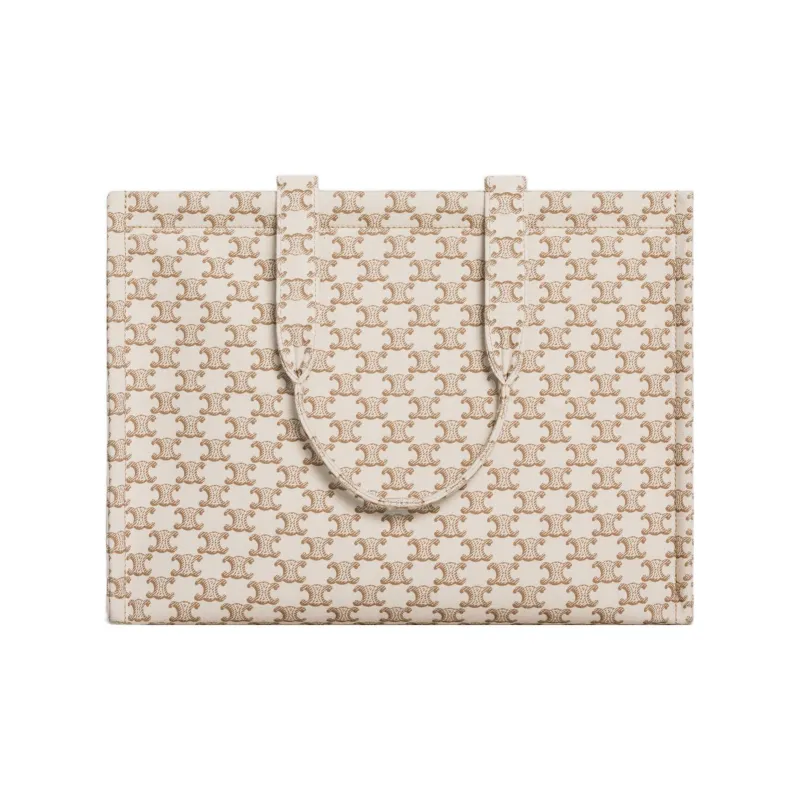 CELINE Triomphe Canvas With Calfskin Canvas Bag Handbags Large Size Women's White/Brown-3