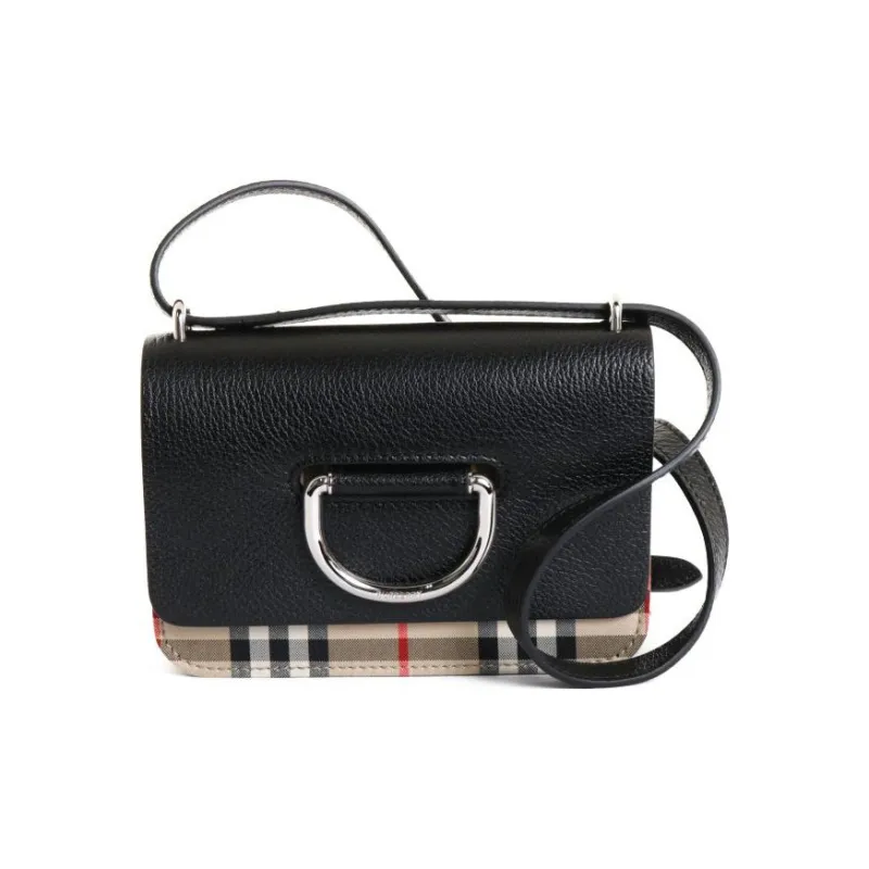 Burberry Vintage Plaid Patchwork Leather Hoop Bag Shoulder Bag Crossbody Bag Mini Women's Black-1