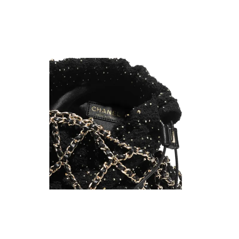 CHANEL Drawstring Soft Woolen Handbag Women's Black-2