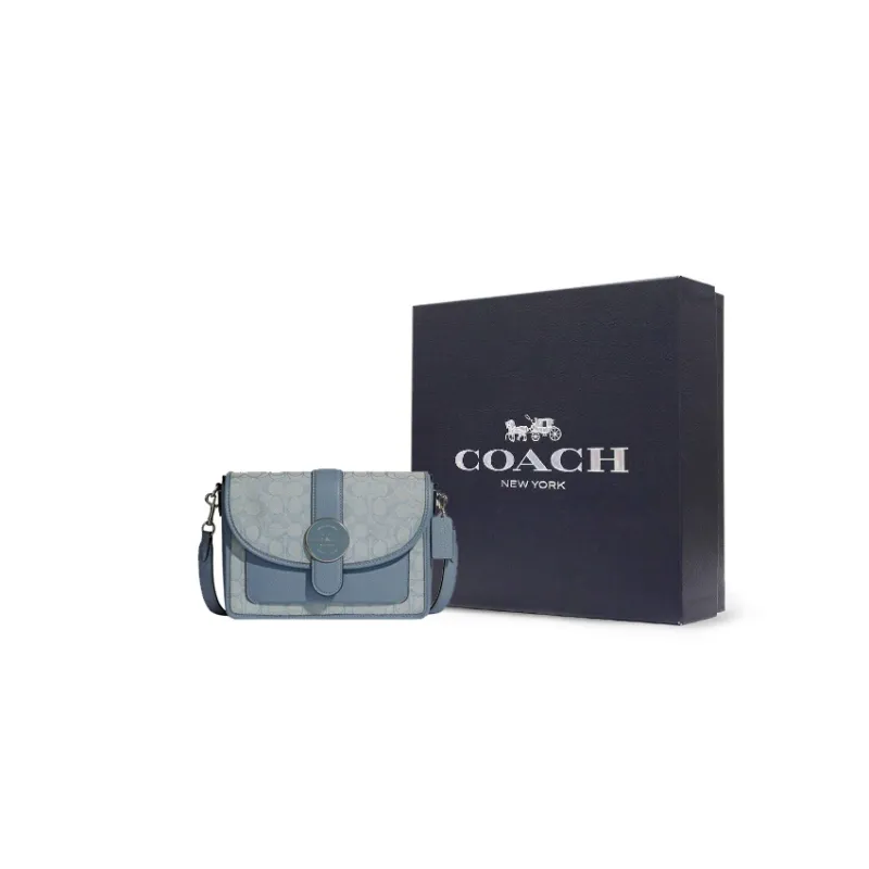 COACH Lonnie Jacquard Fabric With Leather Shoulder Bag, Crossbody Bag Medium Size Women's Haze Blue/Morandi Color-0