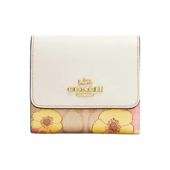 COACH Trifold Wallet Leather Card Holder, Wallet Small Size Women's White & Khaki
