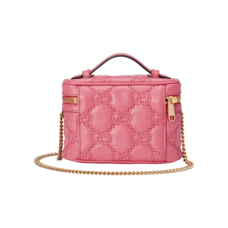GUCCI GG Matelassé Leather Handle Bag Makeup Box Shoulder Bag, Handbag Mini Women's Pink-3