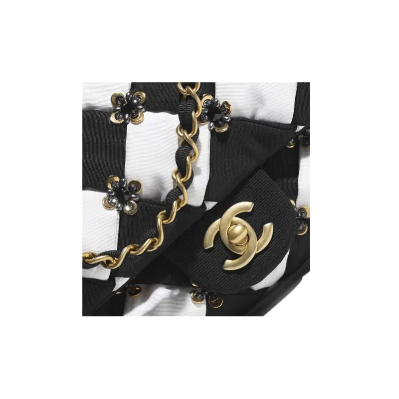 CHANEL Silk Sequins Glazed Pearls One Shoulder Crossbody Flap Bag Women's Black White-2