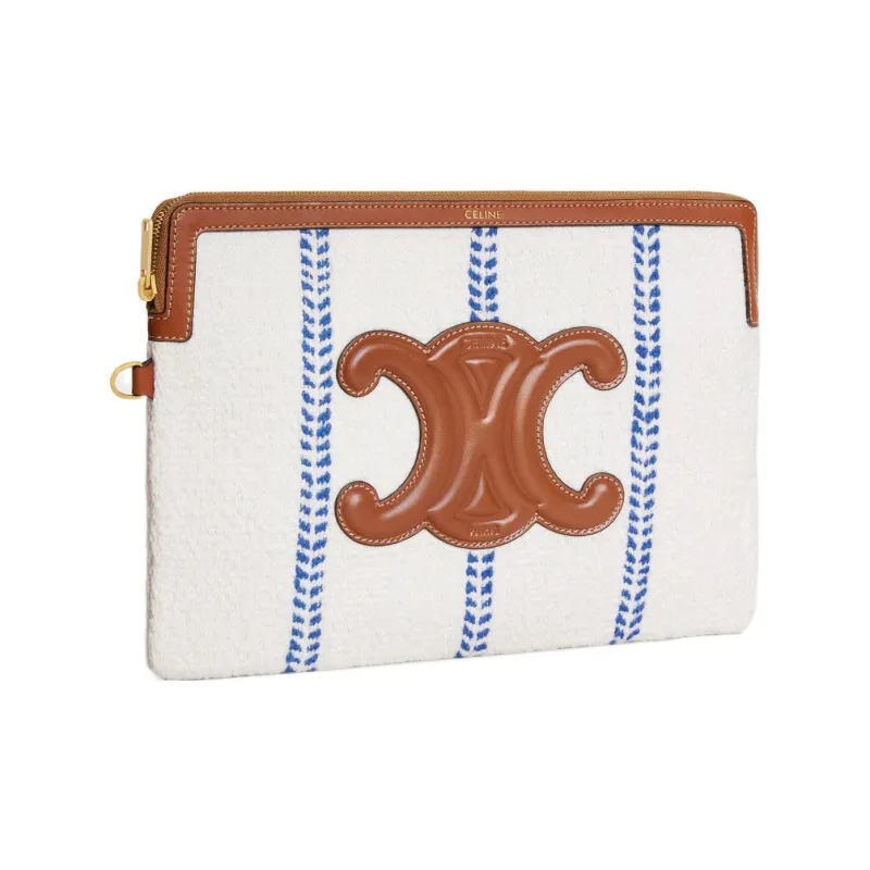 CELINE Triomphe Fabric With Calfskin Clutch Regular Women's White/Blue/Brown-2