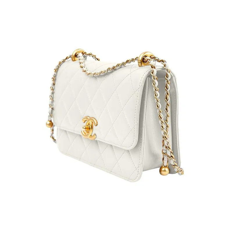 CHANEL Cow Leather Crossbody Handbag, Shoulder Bag Women's White-1