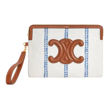 CELINE Triomphe Fabric With Calfskin Clutch Regular Women's White/Blue/Brown