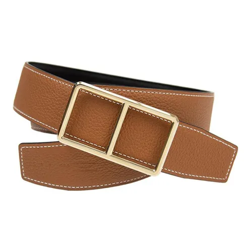 HERMES Solid Color Classic Smooth Buckle Leather Belts Men's Brown