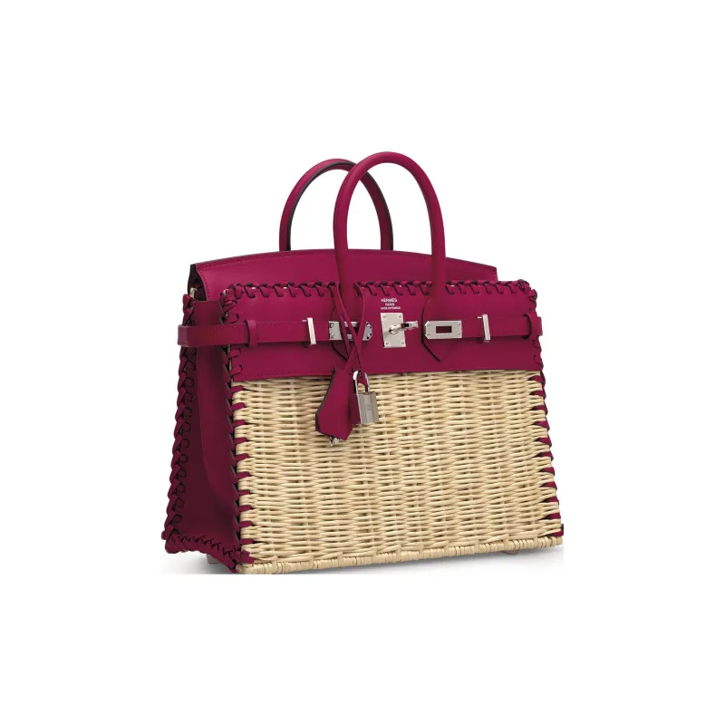 HERMES Birkin Swift Leather With Osier Wicker Birkin Bag, Picnic Bag Regular Women's Raspberry-1