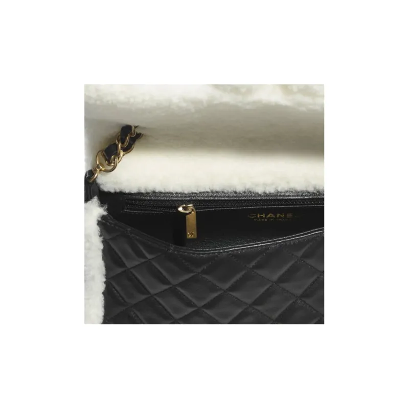 CHANEL Lambskin Chain Shoulder Bag, Crossbody Bag Women's Black/White-3