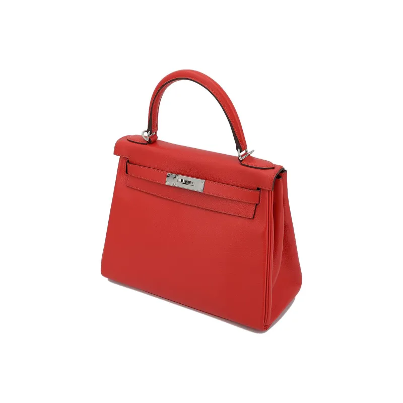HERMES Kelly Evercolor Leather Handbag Regular Women's Heart Red With Burgundy Accents-1
