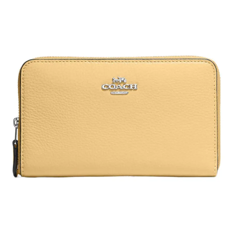 COACH Id Zip Wallet Leather Clutches Wallets Medium Size Women's Yellow-0
