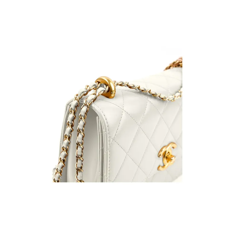 CHANEL Cow Leather Crossbody Handbag, Shoulder Bag Women's White-3