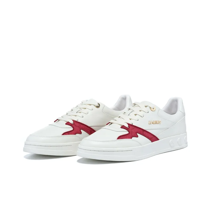 LI NING 1990 Abrasion Resistant Slip Resistant Low Top Skateboard Shoes Women's White Red-1