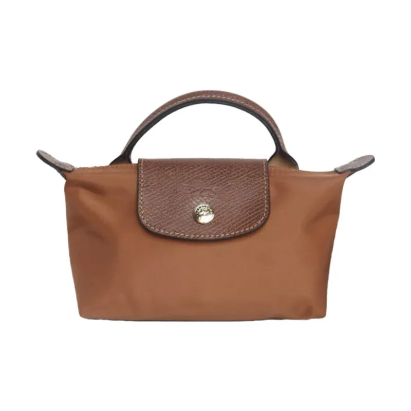 LONGCHAMP Le Pliage Canvas With Leather Makeup Bag Dumpling Bag Clutch Handbag Regular Women's Brandy Color-0