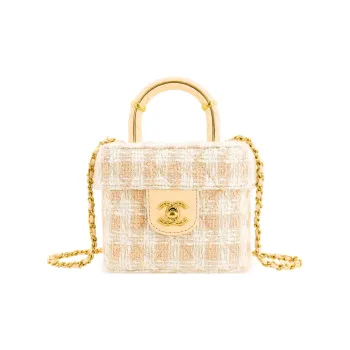 CHANEL Lambskin With Tweed Portable One Shoulder Crossbody Makeup Bag Small Size Women's Orange/White