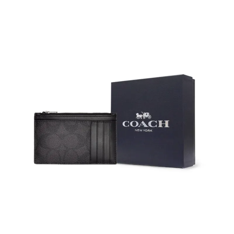 COACH Monogram Canvas With Leather Zip Card Holder Coin Purse Unisex Charcoal Black Monogram-5