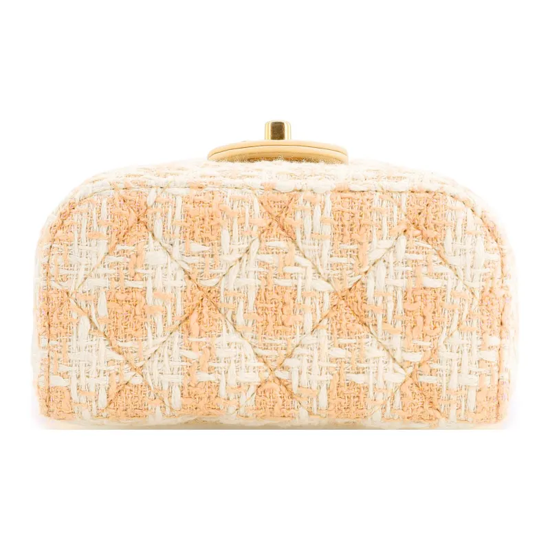 CHANEL Lambskin With Tweed Portable One Shoulder Crossbody Makeup Bag Trumpets Women's Orange/White-2
