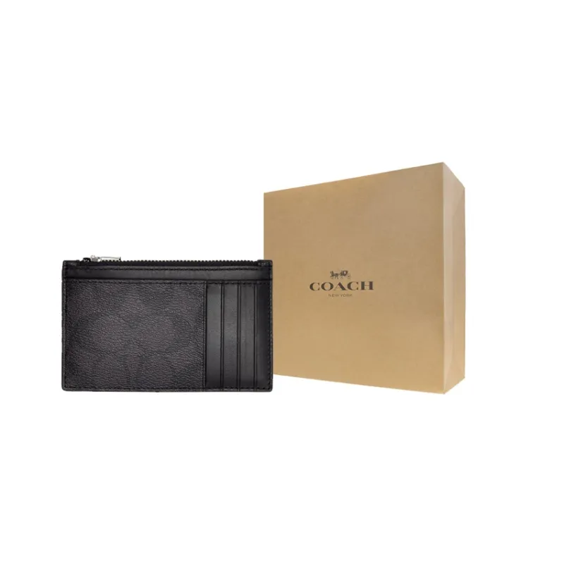COACH Monogram Canvas With Leather Zip Card Holder Coin Purse Unisex Charcoal Black Monogram-8